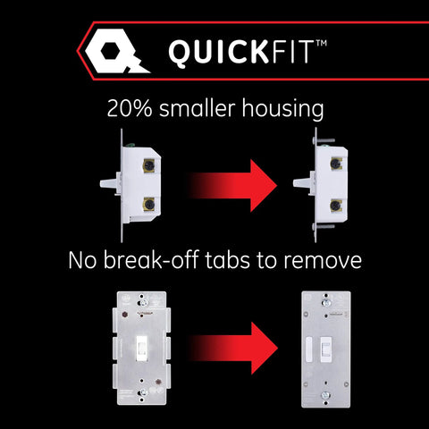 Z Wave Smart Toggle Light Switch With Quickfit And Simplewire Tech Makes Install A Breeze And Super Reliable For Smart Homes Works With Alexa Google Assistant Needs Zwave Hub Three Way Ready As Range Extender Two Pack White showing QuickFit smaller housing with no break-off tabs.