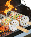 Rolling Grill Basket Set Of 2 With Removable Wooden Handle 304 Stainless Steel Rotating Mesh Baskets for grilling veggies on a grill