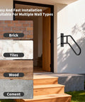Heavy Duty U Shaped Hand Rail For Outdoor Steps, Black Wall Mount Stair Support shown installed on multiple wall types.