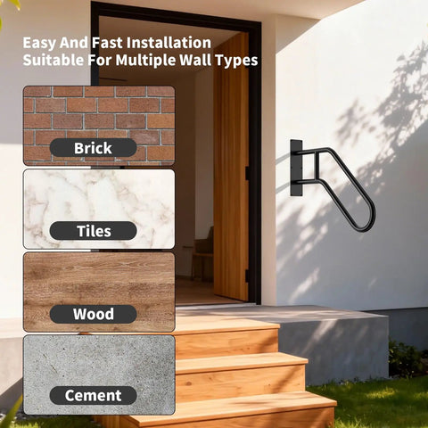 Heavy Duty U Shaped Hand Rail For Outdoor Steps, Black Wall Mount Stair Support shown installed on multiple wall types.