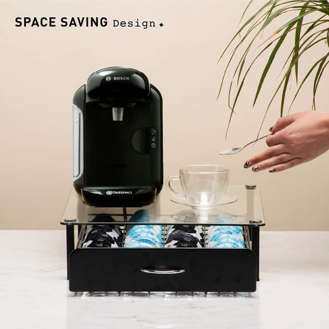 Massive 36 Pod Coffee Capsule Tray For Tassimo Pods Drawer Organizer With Tempered Glass Top, coffee machine on stand