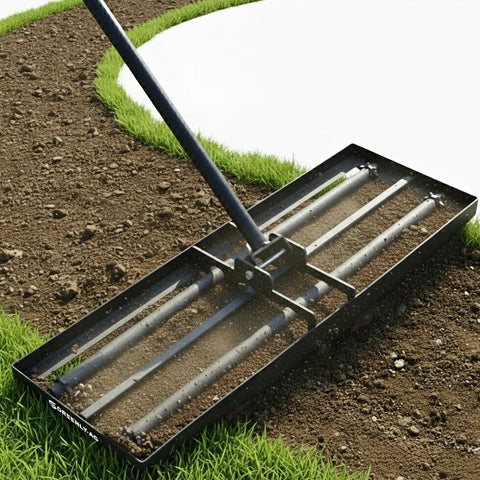 Heavy Duty Lawn Leveling Rake With Four Spiked Wheels And Smooth Roller leveling grass and soil on a golf course