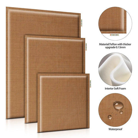 Heat Press Pillow Bundle With Five Size Mats Teflon Pillows For Sublimation showing various mat sizes and features.