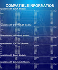 Compatibility chart for Beefed Up Front Wheel Hub Bearing Assembly 5 Lug ABS Fit GM Cars Including multiple Buick and Chevrolet models