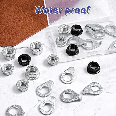 24Pcs Bicycle Axle Nut Kit With Safety Washers for M8 M9.5 M10 hubs shown with waterproof storage box on marble surface.