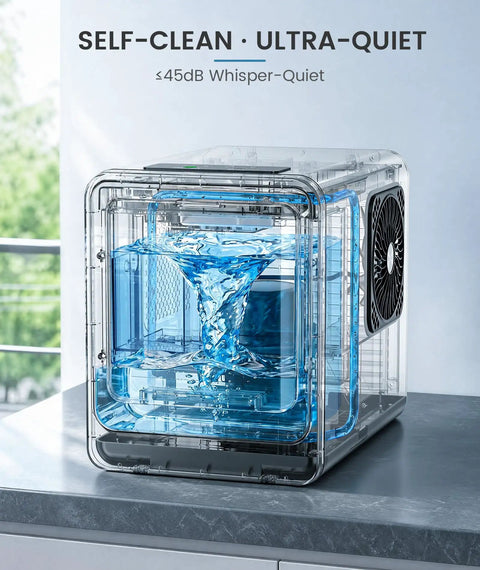 Snazzy Countertop Nugget Ice Maker With Auto Water Refill Produces Hella Fast Crystal Clear Bubble Ice In Just Four Minutes showing water intake.