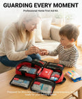 Red multi-compartment first aid kit opened on a wooden coffee table; woman and child nearby.