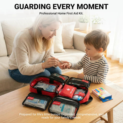 Red multi-compartment first aid kit opened on a wooden coffee table; woman and child nearby.