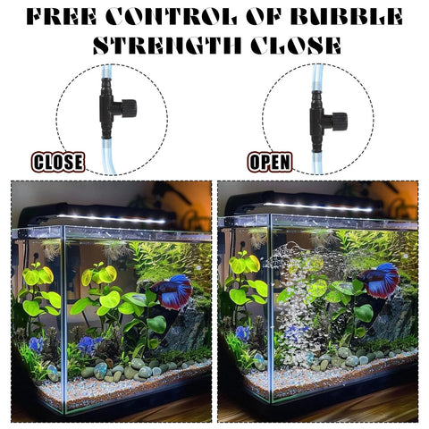 10-pack black plastic aquarium air control valves for 3/16 tubing; T-shaped flow regulators shown close-up and installed