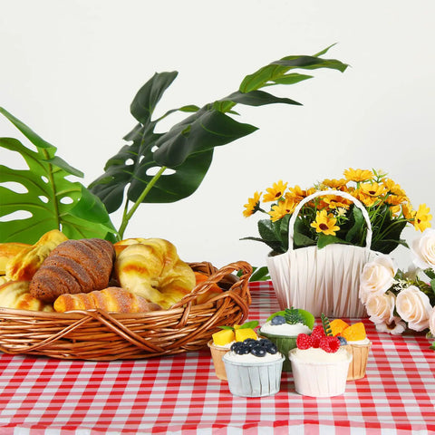 3 Pack Red And White Checkered Picnic Tablecloths with basket of pastries and cupcakes, indoor outdoor parties setting