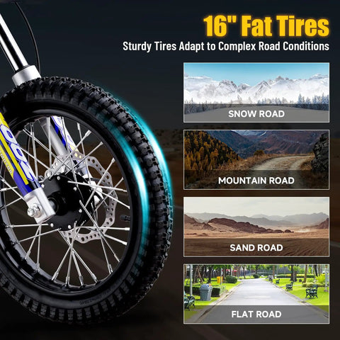 Electric Dirt Bike for Kids 1000W 36V dual suspension disc brakes showing 16 inch tire for various terrains