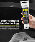 Person holding Color Fast Scratch Remover for Black Car Paint 5.3 Oz tube against car surface with cloth