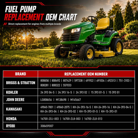 Fuel pump replacement OEM chart with lawn mower, detailing compatible brands and numbers for Top Shelf Precision Fuel Pump For Lawn Mower Engine Rolls Smooth Oem Compatible With Briggs Stratton Kohler Heavy Duty Vacuum Line No Hassle Slick Fit Easy Swap Upgrade.