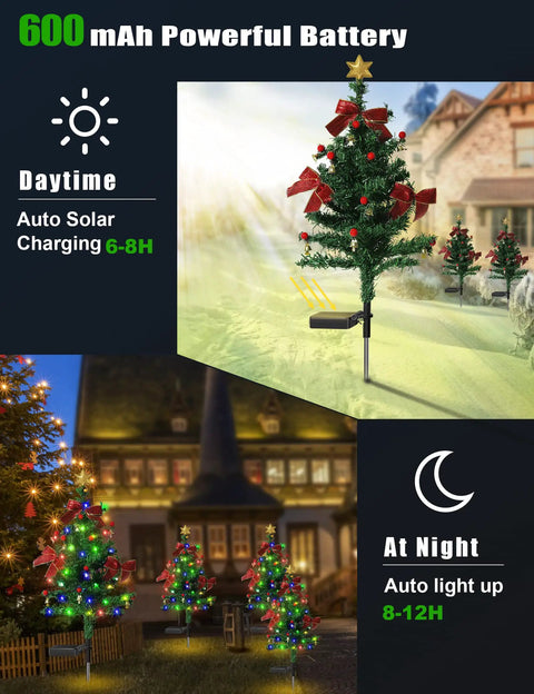 Solar Garden Lights 3-Pack Decorative Flower and Christmas Tree Stakes Waterproof Outdoor Yard Decor with night display.