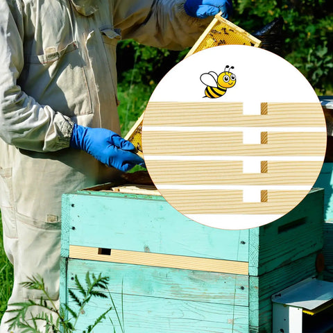 12 Pack Wooden Beehive Entrance Reducers For 10 Frame Hives in use by beekeeper with blue gloves near hive boxes