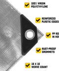 Close-up of Beefy Heavy Duty 20 Mil Tarp Cover corner showing reinforced plastic edges, metal grommet, and polyethylene material texture.