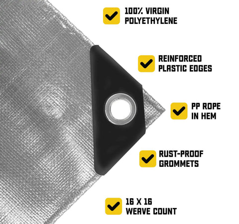 Close-up of Beefy Heavy Duty 20 Mil Tarp Cover corner showing reinforced plastic edges, metal grommet, and polyethylene material texture.