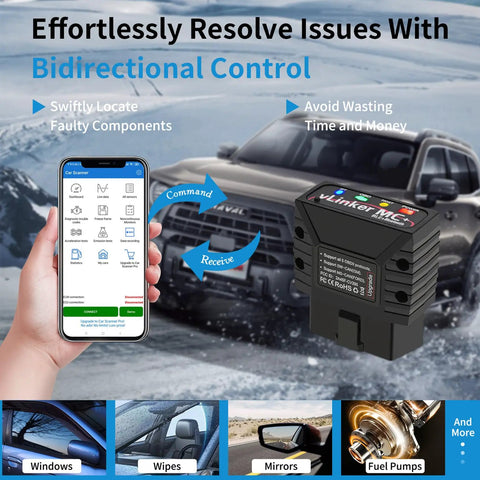 vLinker MC Plus OBDII Bluetooth Adapter for Car All Systems Diagnostic with visual command and receive process
