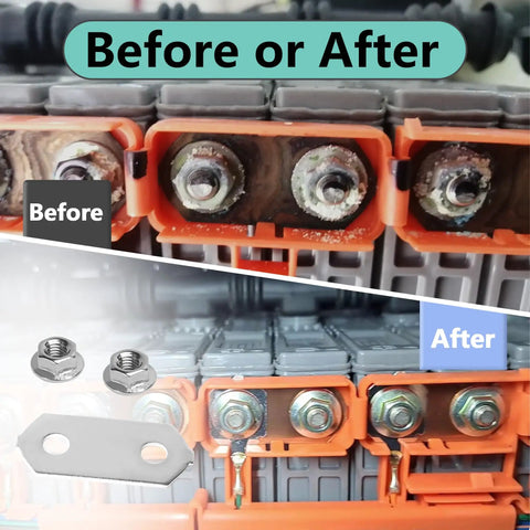 Before and after comparison of hybrid battery connectors using 30 Sets Hybrid Battery Repair Kit With Nickel Plated Copper Bus Bars And Stainless Steel Nuts No Sweat Swap For Toyota Prius Gen 2 3 V And Lexus Ct200h Road Ready Upgrade.