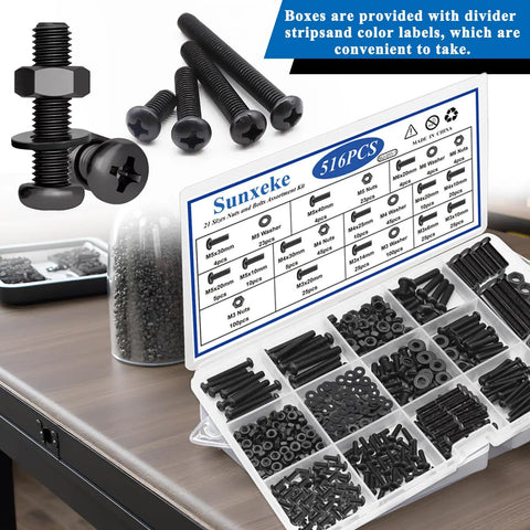 516 Piece Nuts And Bolts Hardware Kit With 21 Sizes M3 M4 M5 M6 Phillips Pan Head Fasteners And Washers in black case