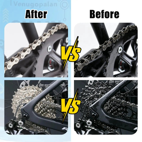 Before and after comparison of bike chain cleaned by All In One Bike Cleaning Kit With Chain Degreaser, showing shiny sprockets.