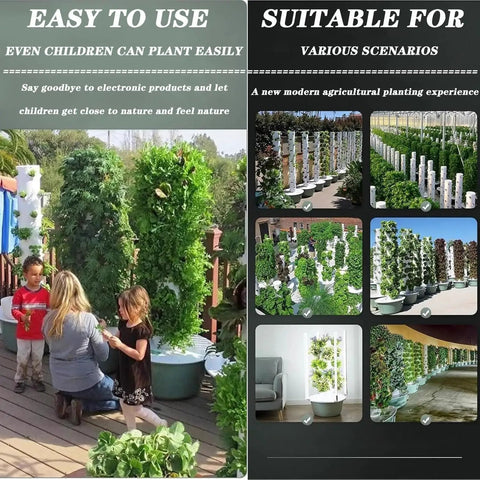 Indoor 9 Layer Hydroponic Tower Garden Kit for Green Vegetables, Soilless System in outdoor and indoor settings with children
