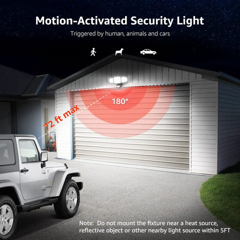 LED Security Light Outdoor Motion Sensor Flood Light With 3 Adjustable Heads illuminating garage exterior at night