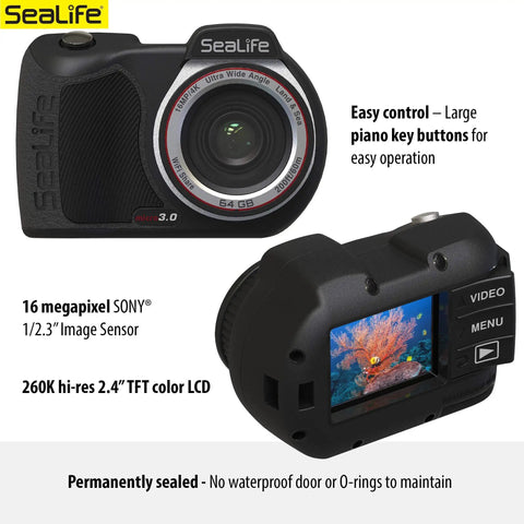 Front and back view of Underwater Camera Kit With Dual 2500 Lumen LED Lights, 16MP Sensor, 4K Ultra HD Video At 30fps And 1080p At 120fps.