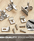 8 Piece Brass Heavy Duty Cabinet Door Latch Kit with screws on wooden surface