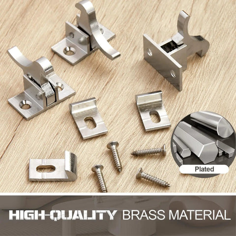 8 Piece Brass Heavy Duty Cabinet Door Latch Kit with screws on wooden surface
