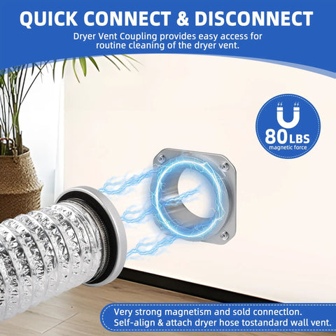 Magnetic Dryer Vent Connector Kit With Airtight DV180 Seal Quick Connect And Disconnect shown with magnetic force visual.