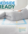 Top Shelf Super Absorbent Disposable Underpads 17 X 24 Inches Bone Dry Finish 100 Count Leak Proof Chux Pads on bed for bedside protection.