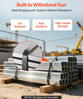 Heavy Duty Steel Strapping Coil 3 4 Inch By 02 Inch By 1640 Ft secured on metal pipes at a construction site, showcasing weather resistance.