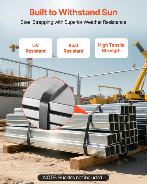 Heavy Duty Steel Strapping Coil 3 4 Inch By 02 Inch By 1640 Ft secured on metal pipes at a construction site, showcasing weather resistance.