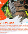 Top view of Hardworking Handheld Spreader for Salt Sand Fertilizer Seed and Feed on wooden surface with garden tools.