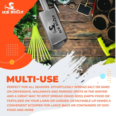 Top view of Hardworking Handheld Spreader for Salt Sand Fertilizer Seed and Feed on wooden surface with garden tools.