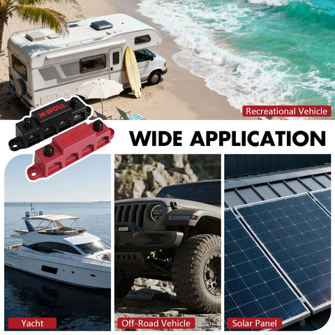 Tough Custom 12V Power Distribution Block With 5/16 Inch Studs And Secure Cover in a beach setting by a recreational vehicle.