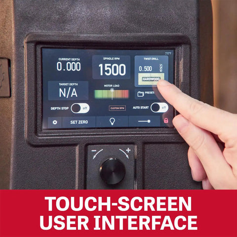 Beefy 20 Inch Smart Drill Press With Brushless Motor And Cast Iron Table digital touch-screen user interface displaying settings.