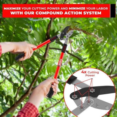 Anvil Lopper With Compound Action For Thick Branches, 19 Inch Aluminum Tree Trimmer in action cutting thick branch
