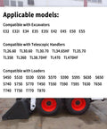 List of compatible models for loaders and excavators, including Bobcat and Deere machines, shown with visible loader wheels.