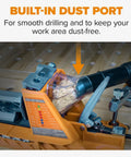 Built-in dust port of Pro Level Automatic Pocket Hole Jig Kit With Self Calibrating Drill Guide And Fifty Rustproof Screws for clean drilling.