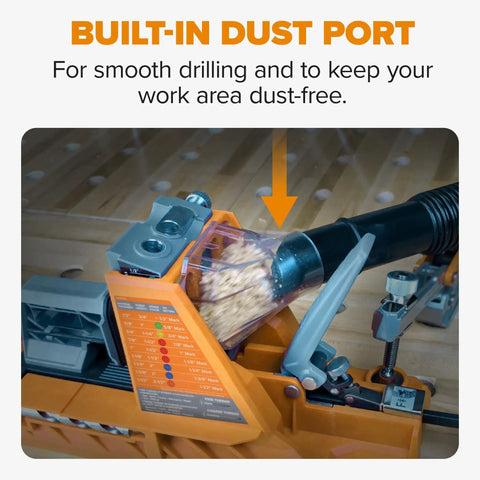 Built-in dust port of Pro Level Automatic Pocket Hole Jig Kit With Self Calibrating Drill Guide And Fifty Rustproof Screws for clean drilling.