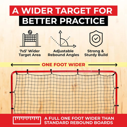 Adjustable 7x5 Volleyball Practice Rebounder Net for Quick Returns Portable Training Gear with wider target area and angles.