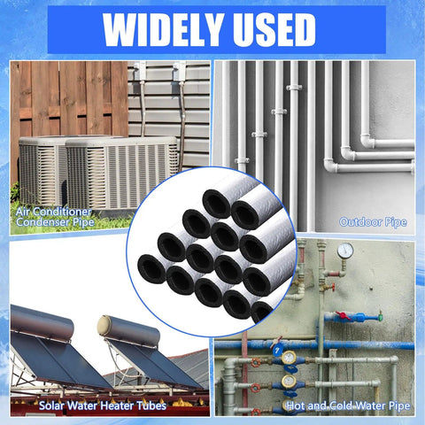 Collage showing 14 Pack Pipe Insulation Foam Tubes With Self Adhesive Aluminum Foil Wrap used on various pipes