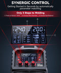 Front view of All In One 6 In 1 MIG Welder With Gas, Flux Core, Stick MMA, Lift TIG, Spot Weld, Spool Gun Ready Aluminum Multi Process Welder, 200Amp, LED Display, Burn Back Adjustment, 110V 220V with LED screen and controls.