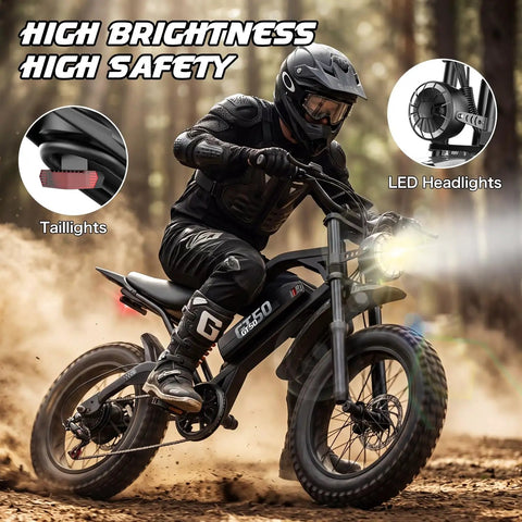 Powerful Askgo Electric Dirt Bike For Adults Teens With 2500W Peak Motor, 36 Mph Top Speed, 65 Mile Range, Dual Brake Off Road Ebike, Water Resistant Fat Tire All Terrain With NFC Unlock Technology, rider on trail with LED headlights and taillights