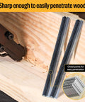 Corrugated W Staples Fasteners One Half Inch Crown By Three Eighth Inch Length Micro Corrugated Staples, Fourteen Thousand Count Box shown penetrating wood with standard staple gun, bright basic finish.