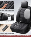 Premium Nappa Faux Leather Car Seat Covers Full Set Waterproof Non Slip Cushioned 0.28 Inch Thick Airbag Compatible Universal Seat Covers for Cars SUVs Trucks Pickups Black. Close-up of seat cover details with airbag compatibility, detachable headrest fit, and non-slip backing.