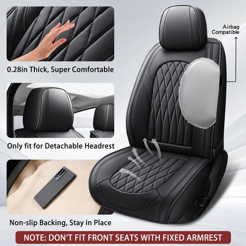 Premium Nappa Faux Leather Car Seat Covers Full Set Waterproof Non Slip Cushioned 0.28 Inch Thick Airbag Compatible Universal Seat Covers for Cars SUVs Trucks Pickups Black. Close-up of seat cover details with airbag compatibility, detachable headrest fit, and non-slip backing.