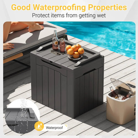 Big 31 Gallon Outdoor Storage Box With Lid For Patio Furniture near pool, dark grey, weatherproof resin, UV resistant, lockable